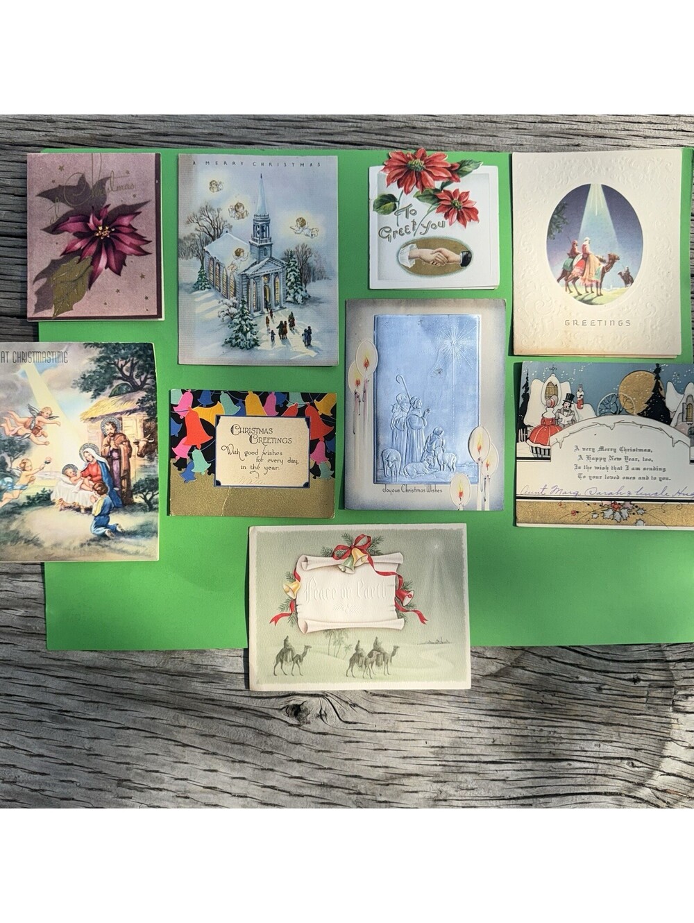 9 Vtg. Antique Christmas Greeting Cards Embossed Nativity Religious 1920s-50s